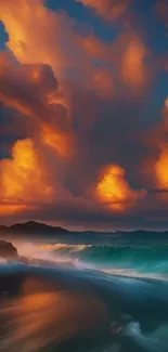 Fiery sunset over ocean waves with dramatic clouds.