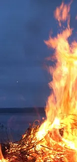 Vibrant flames rising by a lakeside at twilight.