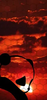 Silhouette of panda against fiery red sunset with hexagonal pattern.