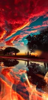 Fiery sunset sky with water reflection and vibrant clouds.