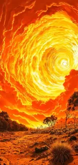 Fiery orange sunset with swirling clouds.