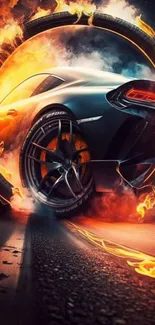 Fiery supercar racing with flaming wheels.