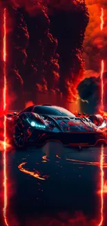 Supercar with fiery background, dynamic and energetic.