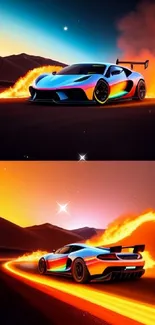 Supercar racing through fiery landscape, vibrant mobile wallpaper.