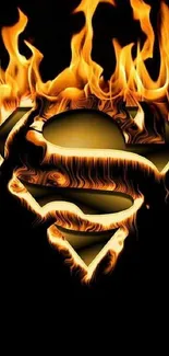 Superhero emblem in flames on dark background.