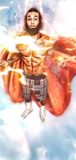 Vibrant superhero floating amid fiery clouds on a dynamic wallpaper.