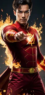 Superhero in a fiery red suit with flames, striking a powerful pose.