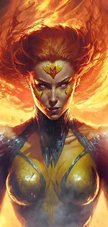 Fiery superheroine with flames and vibrant colors in dynamic mobile wallpaper.