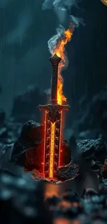 A fiery sword embedded in a rock with flames and dark background.