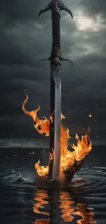 Sword with flames rising from stormy water, against a dark sky.