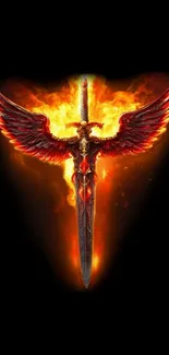 Fiery sword with blazing wings on a dark background.