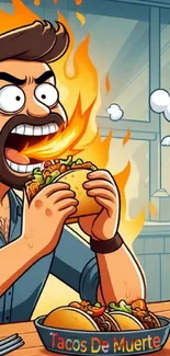 Cartoon man eating fiery tacos in a vibrant, humorous scene.