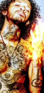 Person with intricate tattoos and fiery hand in art wallpaper.