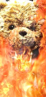 Teddy bear engulfed in vibrant red flames.