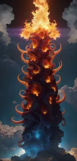 Fiery tentacle tower against a cloudy sky.