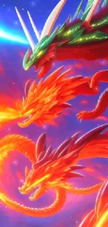 Fiery three-headed dragon art in vibrant colors.