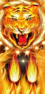 Fiery tiger surrounded by flames in an abstract art design.