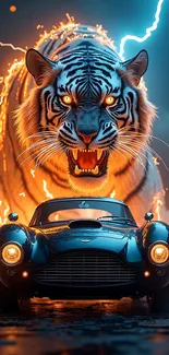 Fierce tiger and vintage car with lightning.