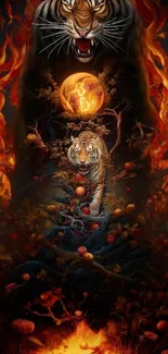 Fiery tiger with a glowing moon and flames wallpaper.