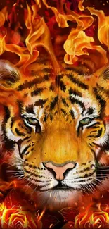 Fiery tiger face with vibrant flames background.