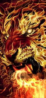 Fiery tiger with flaming mane art wallpaper.