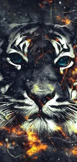 Artistic tiger face with fiery effects in black and orange tones.