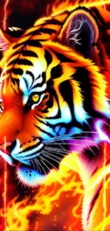 Illustrated tiger with fiery streaks on a black background.