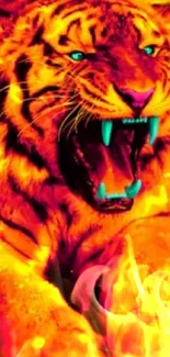 Fierce tiger with fiery orange colors and glowing blue eyes.