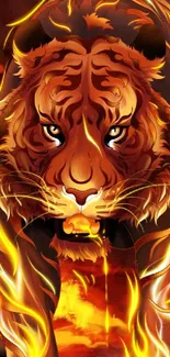 Fiery tiger artwork with vibrant colors on mobile wallpaper.