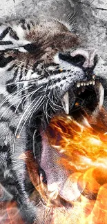 Digital art of a fiery tiger with flames emanating from its mouth in grayscale background.