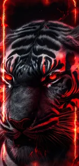 Fiery tiger art with glowing red eyes and stripes.