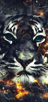 Tiger artwork with fiery accents in dramatic black tones.