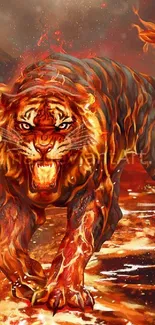 Fiery tiger in vibrant colors charges forward in artistic wallpaper.