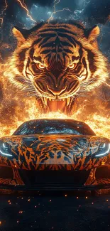 Fiery tiger face over car with flames and lightning.