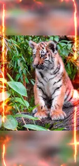 Vibrant tiger cub with fiery border in lush jungle setting.