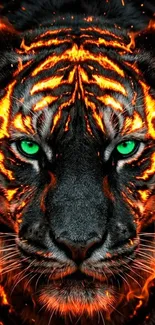 A vivid fiery tiger with glowing green eyes.