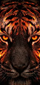Fiery tiger face with glowing eyes wallpaper.