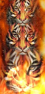 Fiery tiger faces blend into vibrant flames, creating a bold and artistic wallpaper.