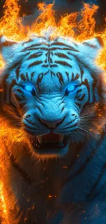 White tiger with fiery orange flames