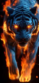 Fiery tiger fantasy art with glowing eyes and flames.
