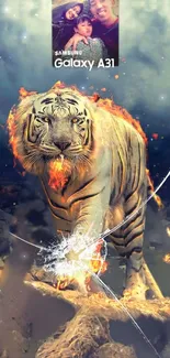 Fiery tiger amidst mystical landscape in this striking mobile wallpaper.