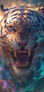 Fiery tiger roaring with abstract flames.