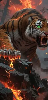 Fiery tiger in the wild with glowing eyes in mobile wallpaper.