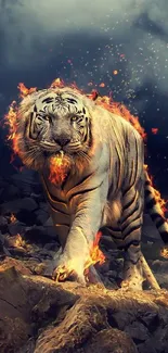 A majestic white tiger engulfed in flames on rocky terrain.