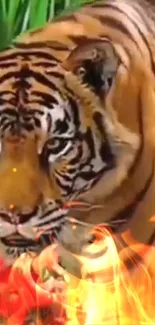 Tiger in a lush jungle with vivid flames in the foreground.