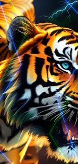 Vibrant tiger with electric lightning wallpaper design.