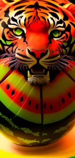 Fiery tiger face merging with watermelon design.