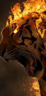 Fiery tiger with glowing eyes on a dark background.