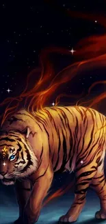 Fiery tiger with glowing flames in a starlit night backdrop.