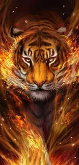 Fiery tiger surrounded by flames in dynamic mobile wallpaper design.